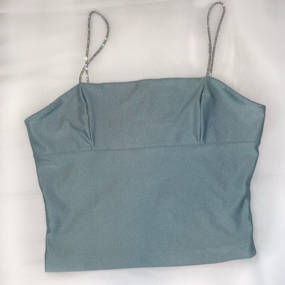 Rhinstone Strapped Cropped Cami Top, Silver/Green, M